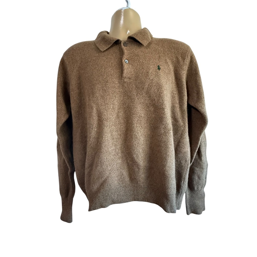 Polo Ralph Lauren Mens XL Camel Brown 100% Lambswool Long Sleeve Polo Sweater
